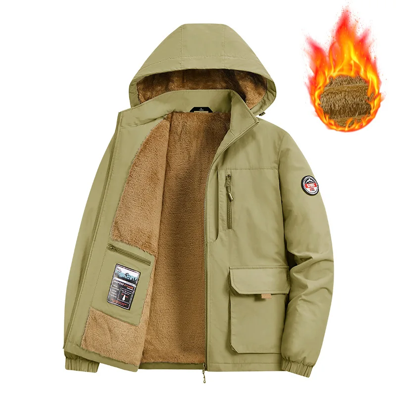 

Autumn Winter Bomber Jacket Men's Fleece-Lined Thicken Coat Warm Windproof Detachable Hood Mens Jacket Cotton Coat Parkas Pocket