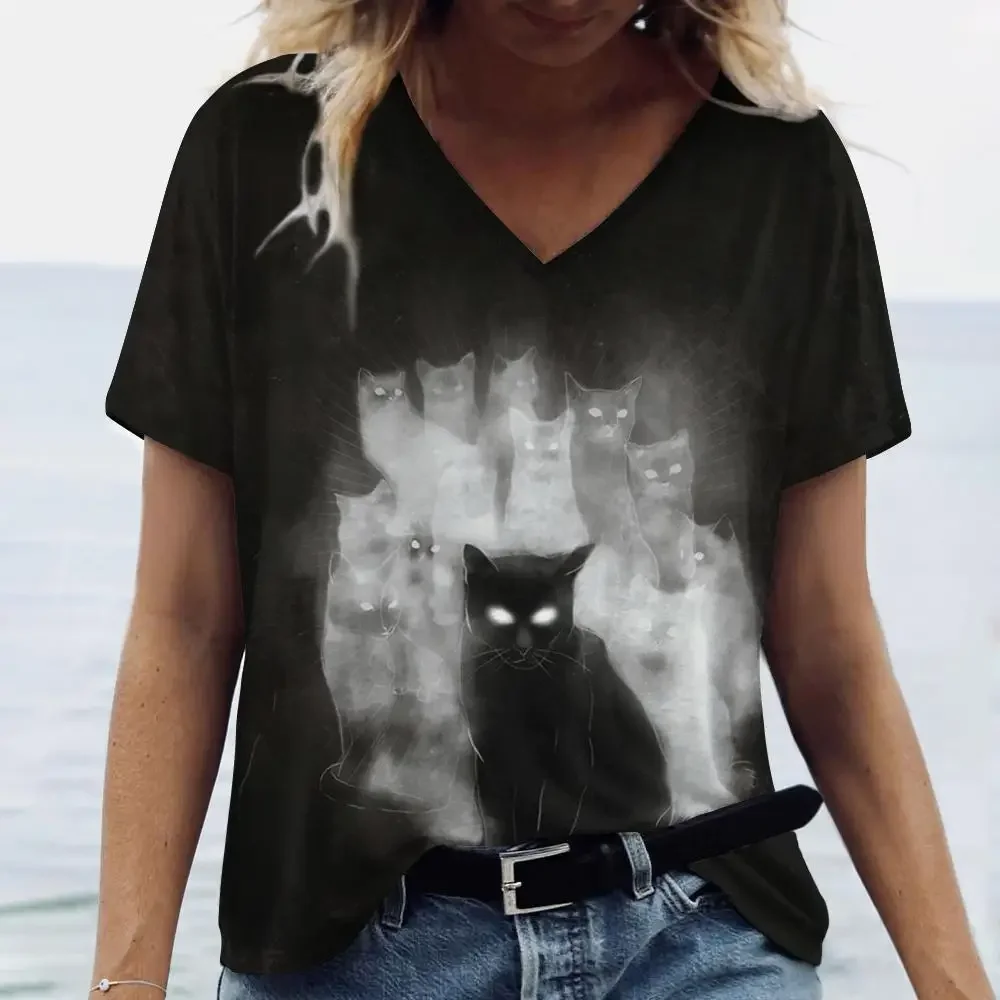 Women's T Shirt Cute Cat Pattern Print Summer O-Neck Short Sleeve Fashion Street Sportwear Plus Size Clothing Animal T-Shirts