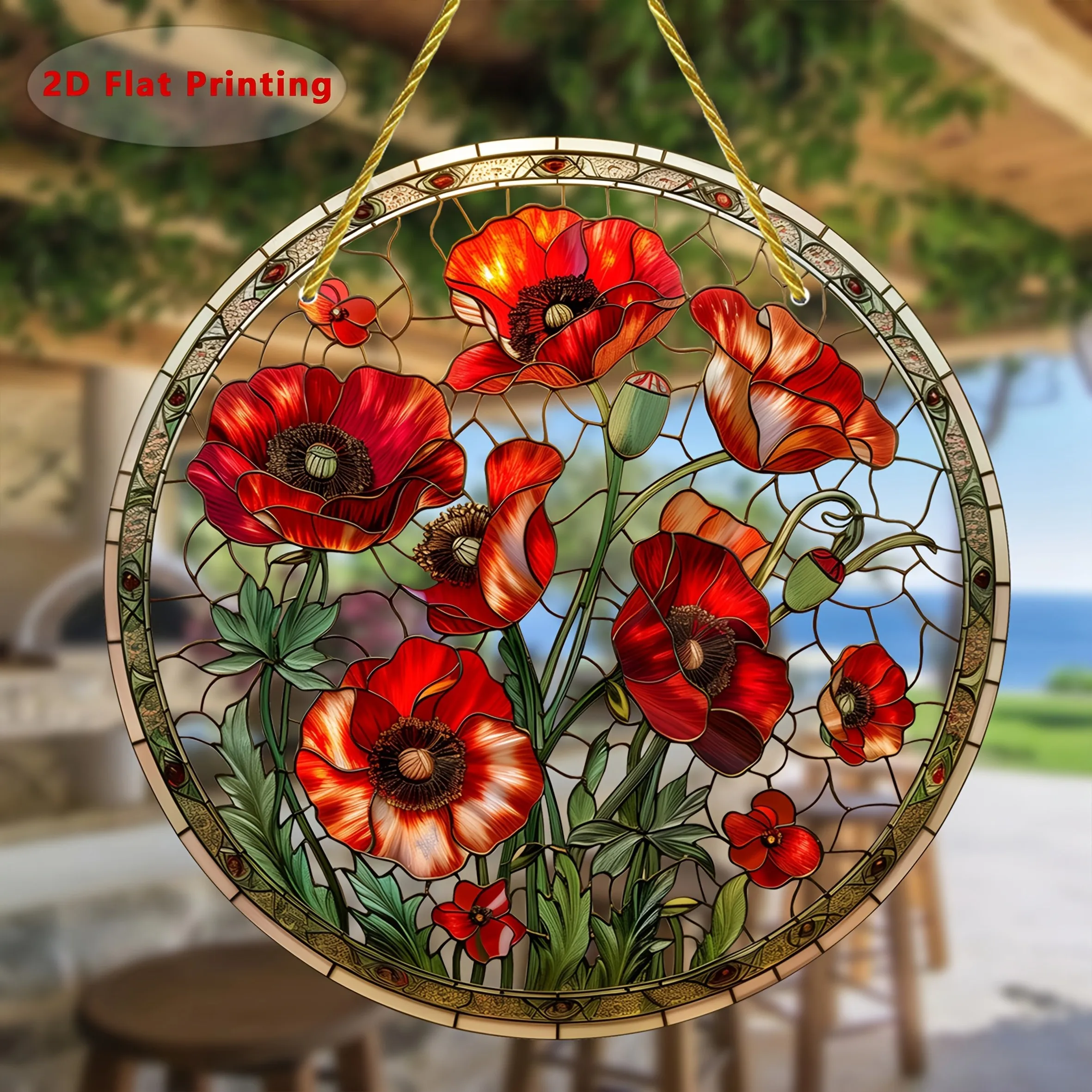 Décoration murale en acrylique style vitrail, bouquet de coquelicots rouges, attrape-soleil à suspendre, impression 2D plate, art mural en acrylique, Flo