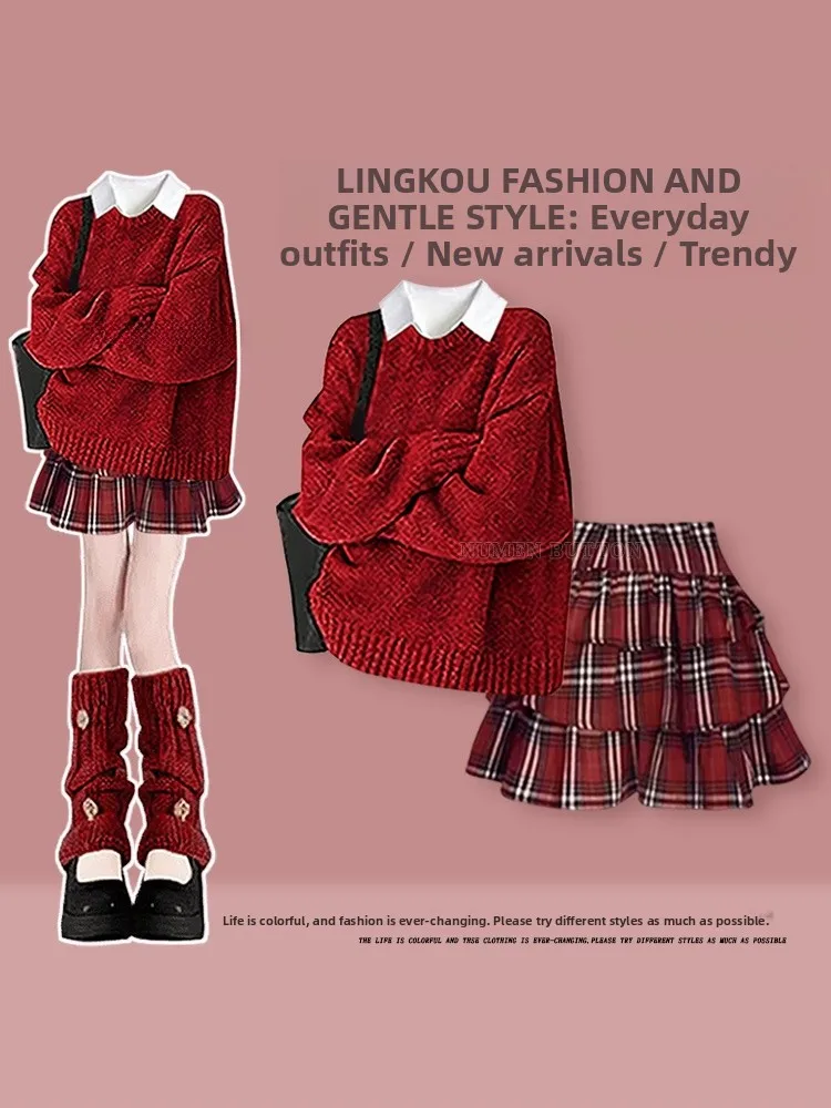 

Stunning Winter Tee-Piece Set Women's Anti-Aging New Year's Clothes Korean Sle Puffy Cake Skirt Base irt Beautiful Ense...