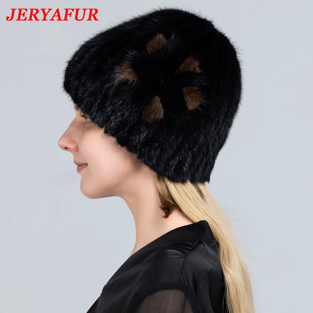 JERYAFUR Knitted Fur Hat Women Winter Warm Natural Mink Fur Hats Striped Stylish Beanie Hat