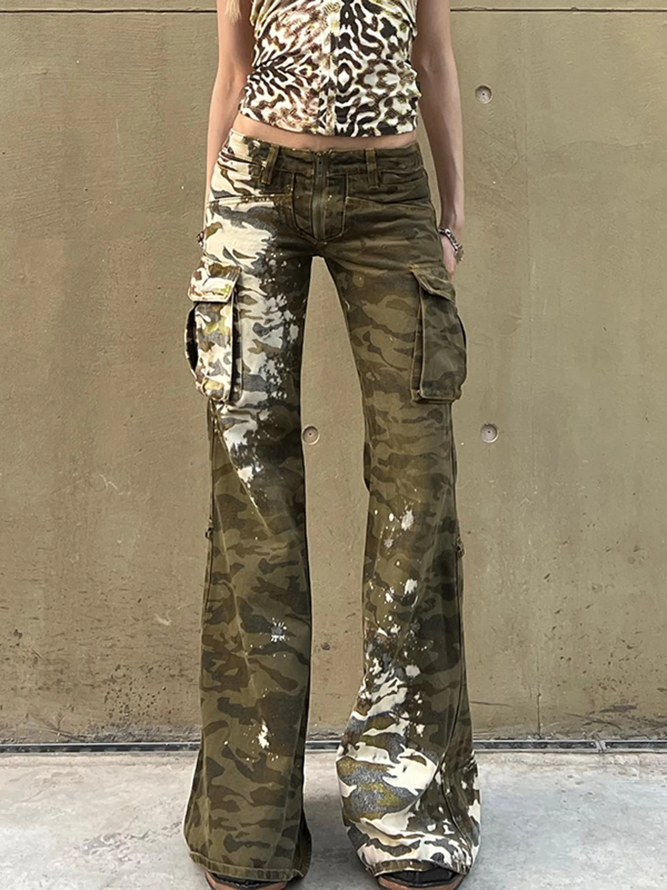 Weekeep Vintage Print niedrige Jeans Streetwear y2k große Taschen Patchwork Denim Cargo hose 90er Jahre ästhetische Damen hose lässig