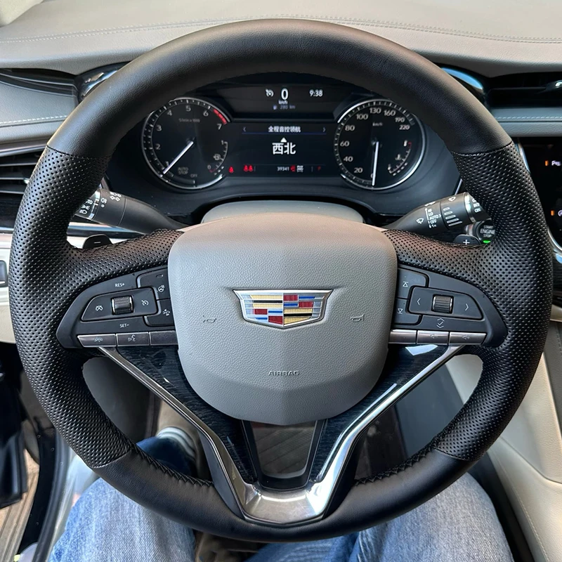 

for Cadillac XT6 2020-2023 Hand Stitched Black Genuine Leather Car Steering Wheel Cover
