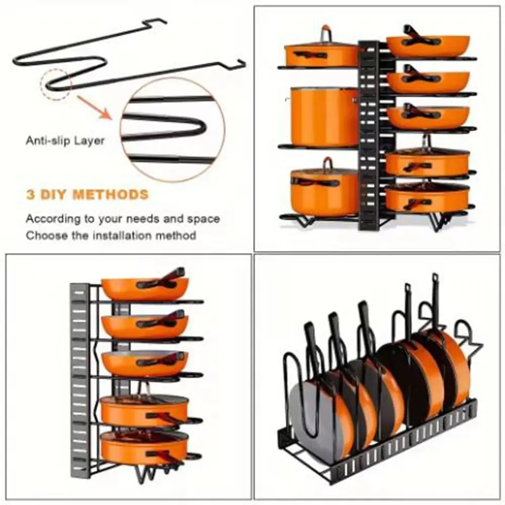 Metal 5/8 Tiers Pan Pot Organizer Bilateral Removable Pots and Pans Organizer Rack Space-saving Adjustable Pot Lid Rack Kitchen