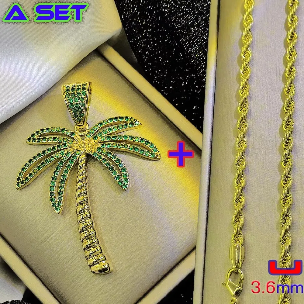 Premium custom hip-hop gold necklace. Green Diamond Coconut Tree Pendant, 18K Gold Plated Classical Craft, New Trend