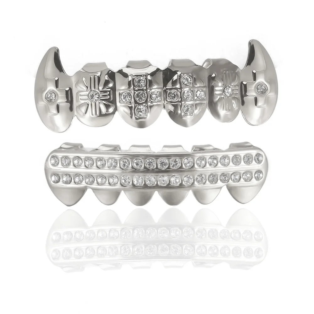 YOUNGX Top Bottom 6/6 Cross Czech Zircon Teeth Grillz Hip Hop Glossy CZ Stone Tooth Caps For Women Men Jewelry Cosplay Gift
