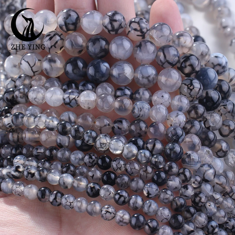 Zhe Ying Natural Stone Black Dragon Vein Agate Beads for Jewelry Making DIY Bracelet Necklace Accessories Strand 15 inch