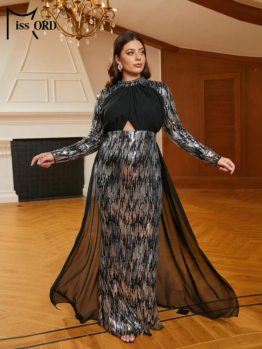 Missord Black Plus Size Wedding Party Dress Women Elegant Turtleneck Long Sleeve Sequin Mesh Draped Prom Evening Dresses Gown