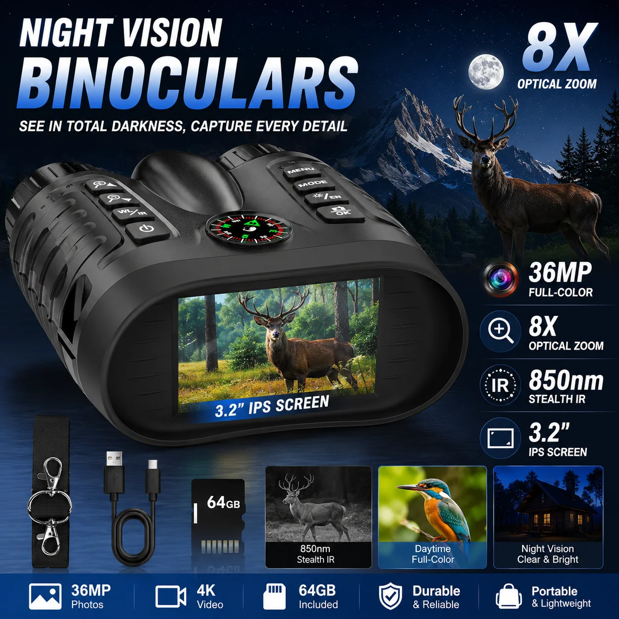 

4K Night Vision Goggles for Kids, 36MP Full-Color Night Vision Binoculars 8X Zoom 850nm Stealth IR for All Black Observation-Gift with Compass, Photo & 4K Video Recording, 3.2" Screen and 64GB Card