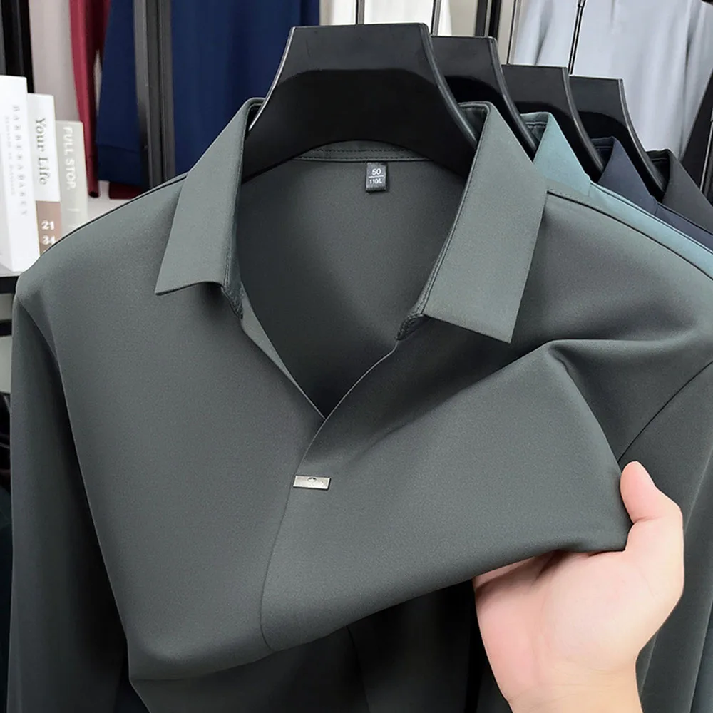 

Мужская футболка с длинным рукавом, весна-осень 2024, новая однотонная деловая повседневная рубашка-поло без морщин, без железа с лацканами, мужской топ