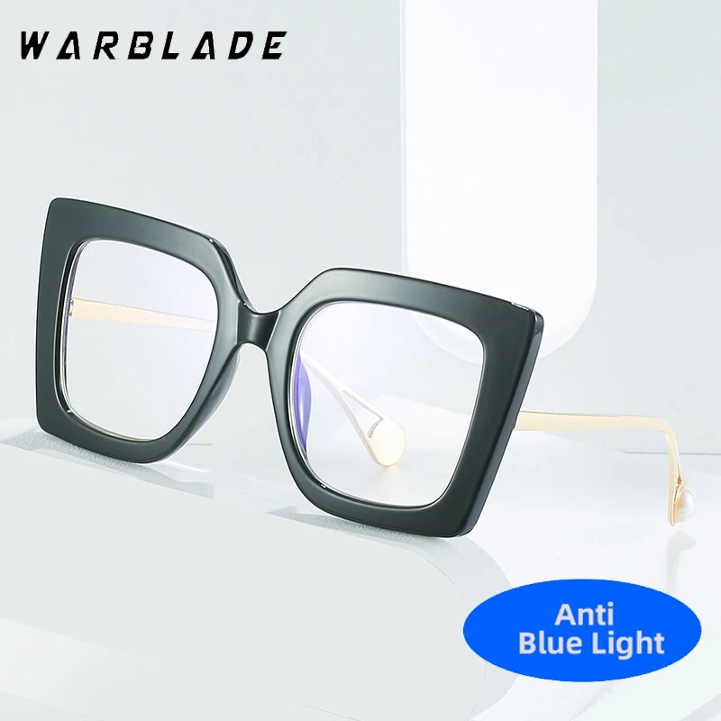 

WarBLade Women Oversized Square Cat Eye Anti-blue Light Glasses Men Pearl Leg Vintage Clear Lens Print Frame Retro Eyeglasses