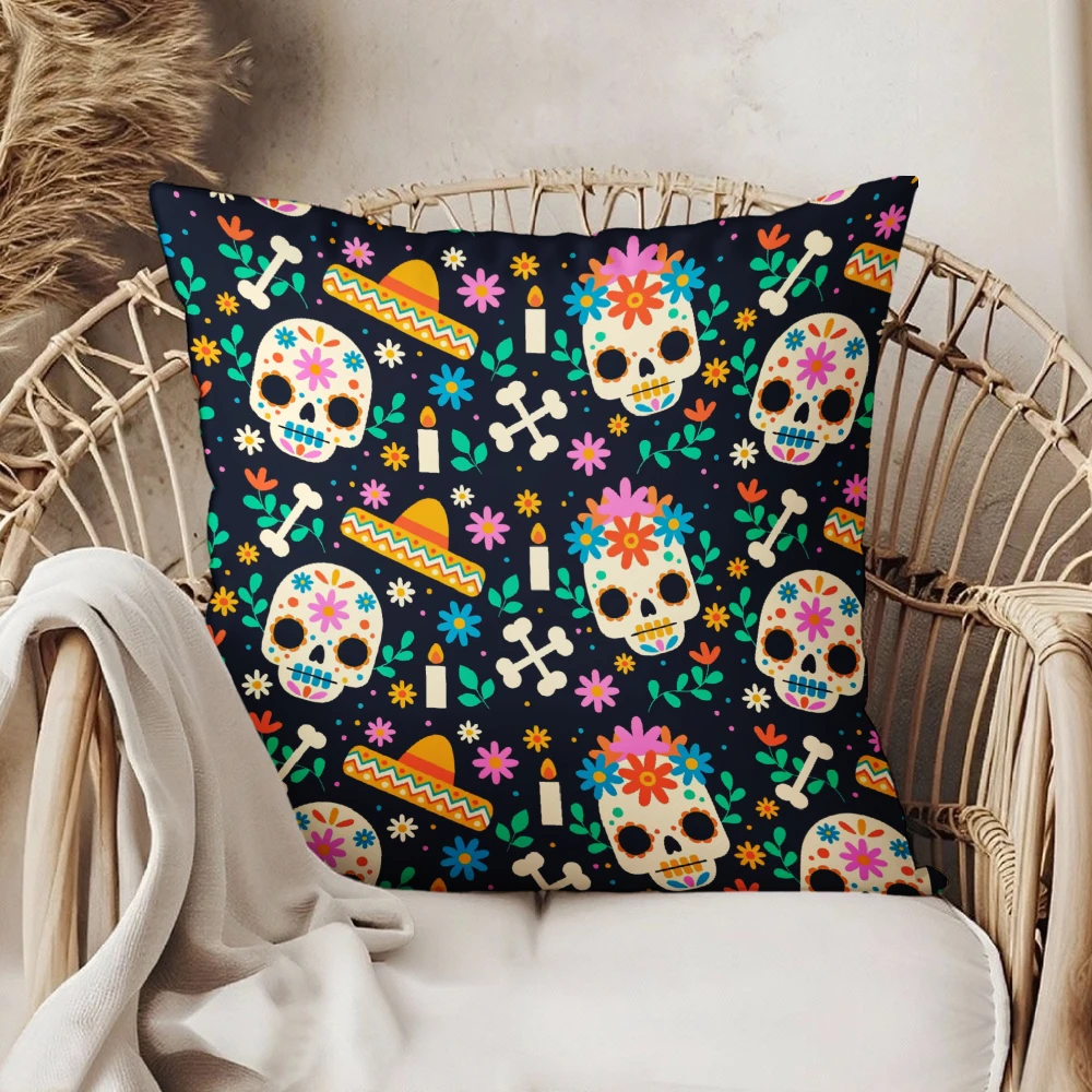 Square Throw Pillow Case Navy Blue Mexican Sugar Skulls Sombrero Bones Flowers Candles Pattern For Sofa Chair Bedroom Living Roo