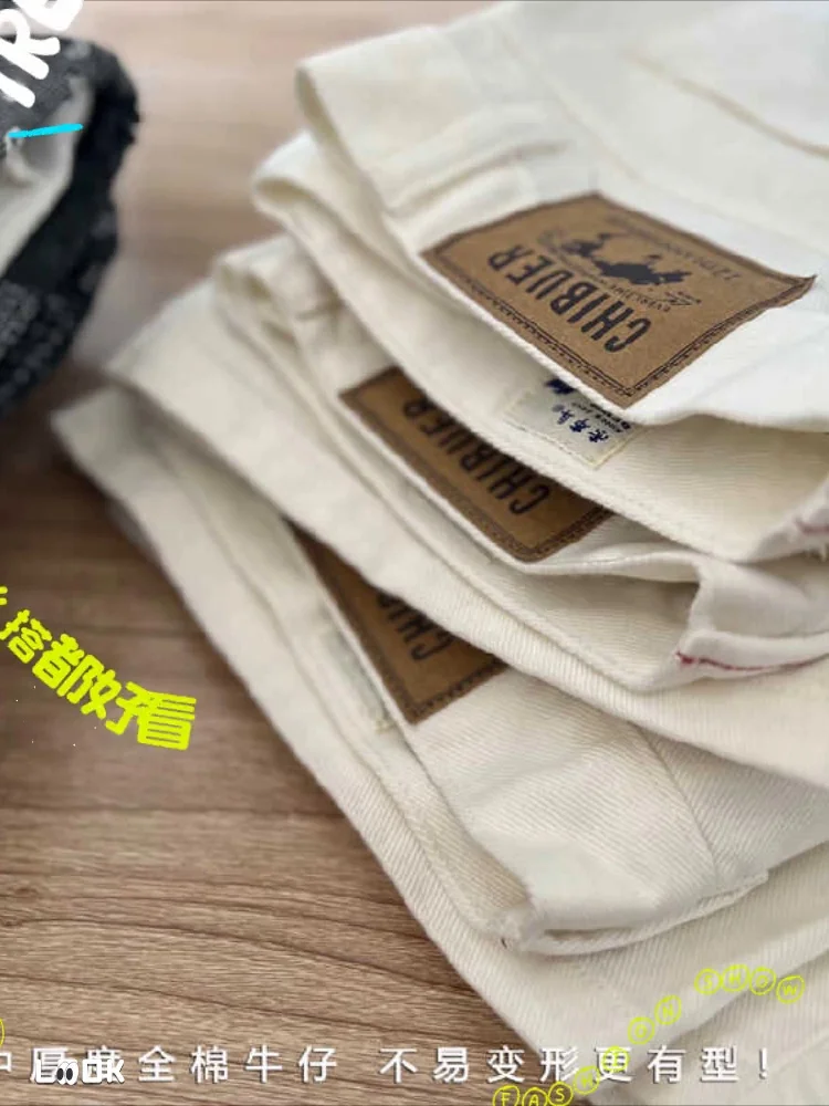 100% Cotton Vintage White Washed Denim Shorts for Men Summer Casual Fit Straight Half Jeans 24ss Y2k Youth Male High Quality