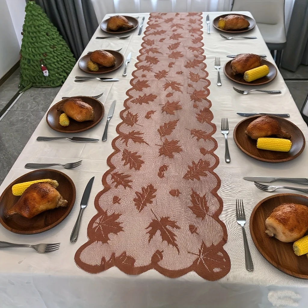 1Pc Oriental Style Autumn Tablecloth, Brown Maple Leaf Lace Table Cover 33.02x182.88cm, Thanksgiving Wedding Party Decor, Pumpki