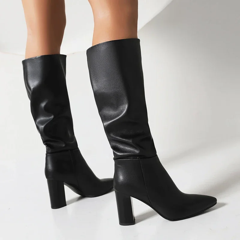 RIZABINA Genuine Leather Women Knee High Boots Sexy Pointed Toe Chunky Heel Long Boots Winter Wide Calf Boots Party Footwear