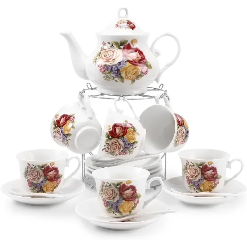 Tea Sets 20-Piece Coffee (7oz) Tea Cup Set Ceramic Vintage Flower European Style,Tea Set for Women Tea Party Afternoon (28oz)