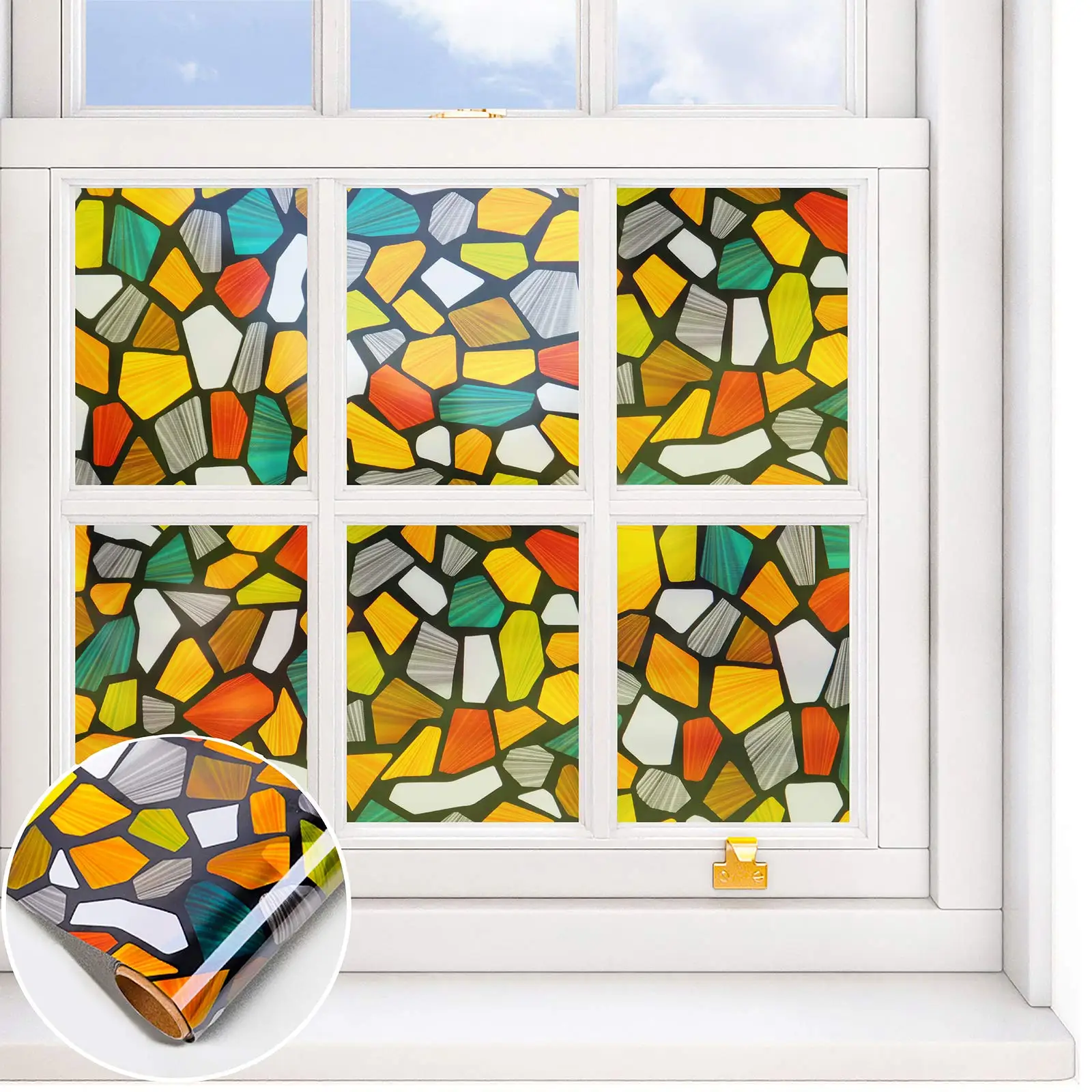 Stained Glass Colored Stone Privacy Window Film Static Cling Non Adhesive Removable UV Block for Home Living Room Glass Door