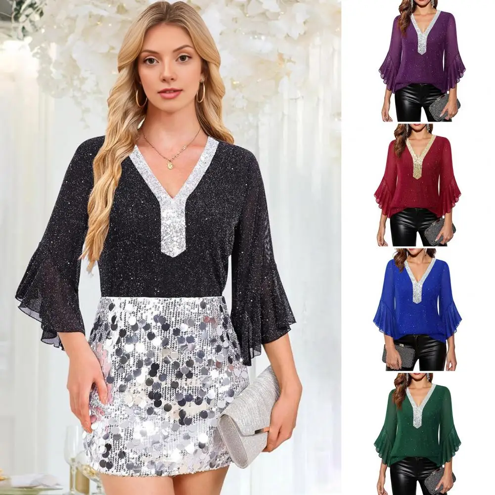 Women's Pure Color Mesh Silver Glitter Patchwork Breathable Party V-neck 3/4 Sleeve Seven Sleeve Polyester Top - view 2
