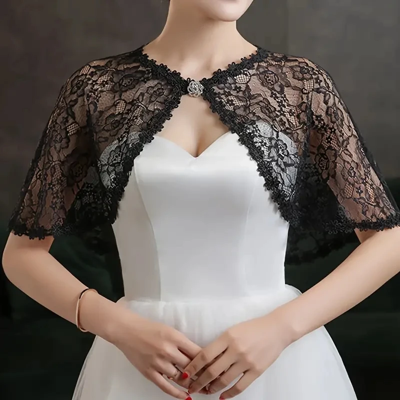 1Pcs Bride\'s Wedding Romantic Lace Shawl Elegant Rhinestone Button Shoulder Cape Thin Breathable Sunscreen Short Shawl For Women