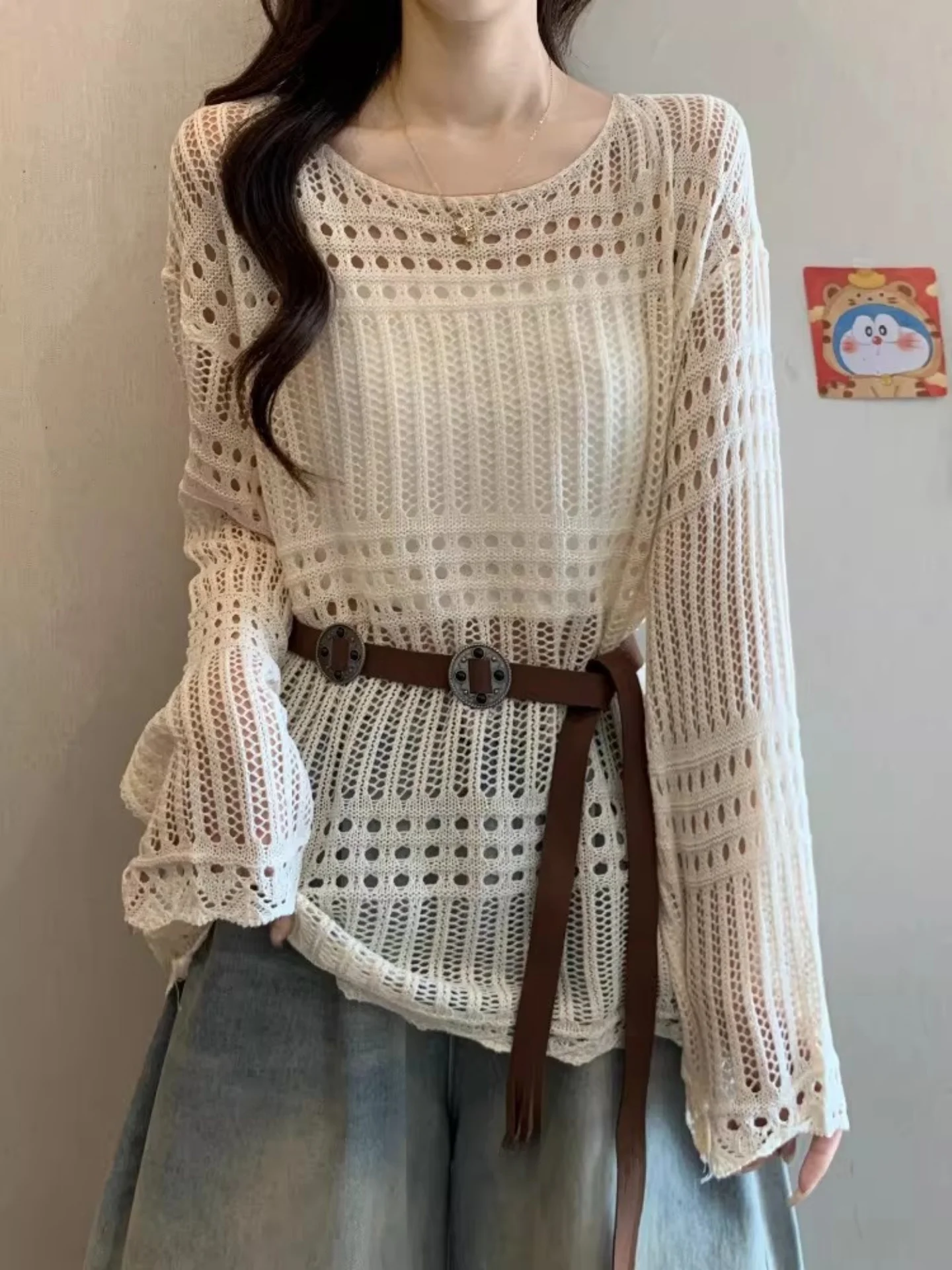 

Женская трикотажная кофта с длинным рукавом для ранней весны, больших размеров, с завышенной талией, средней длины, для повседневной носки