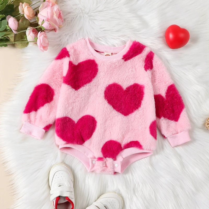 Infant Baby Girl Boy Valentines Day Outfit Fuzzy Rompers Heart Sweatshirts Bubble Romper  Long Sleeve Bodysuit