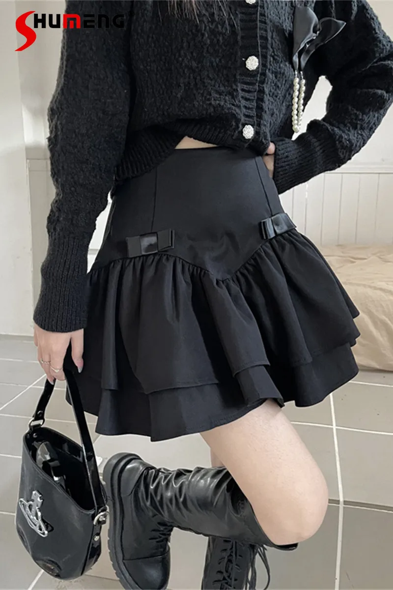 Lolita Style Women's Puffy Short Cake Skirt 2023 Autumn and Winter New Elegant Slimming A- Line Black Pleated Skirts Harajuku