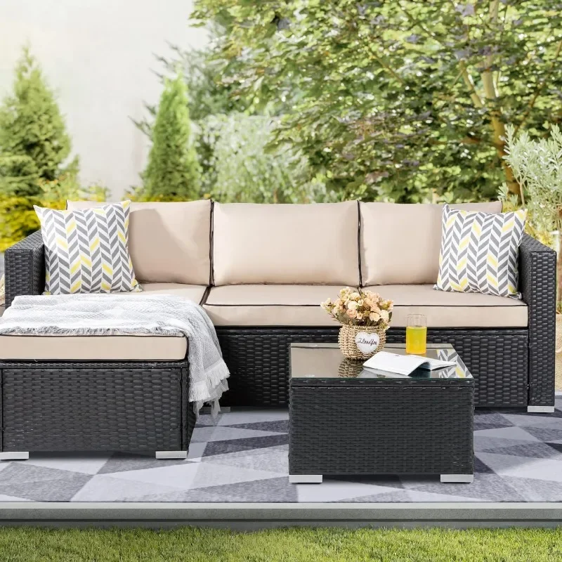 Shintenchi Patio Furniture Sets 3 Pieces Outdoor Sectional Sofa All-Weather Rattan Wicker Sofa Small Patio Conversation Couch