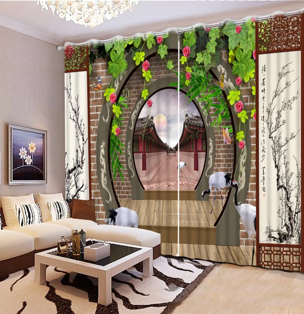 3D Curtain Fashion Customized Blackout Shade Window CurtainsChinese Style Pavilion Bird Bedroom Printed Curtain