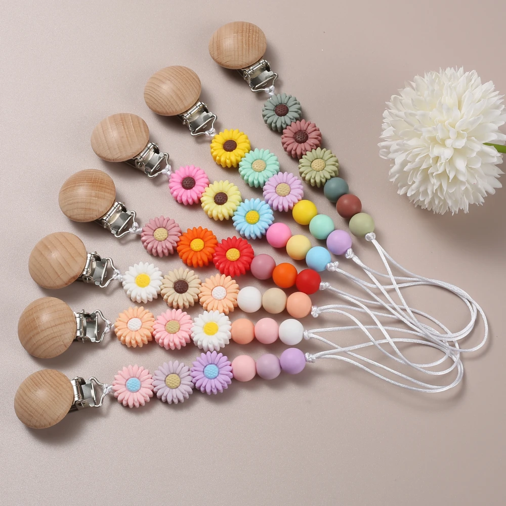 Baby Silicone Pacifier Chain Wooden Pacifier Clip Colorful Daisy Beads Safe for Baby Grit Adhesive Accessories Shower Toys