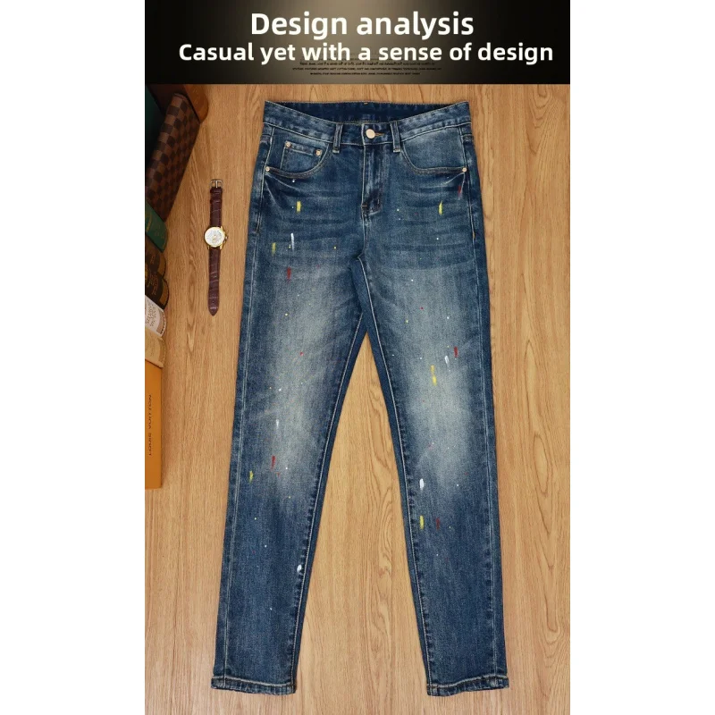 Thick jeans men's new blue hand-painted graffiti nostalgic small leg pants autumn and winter 2025