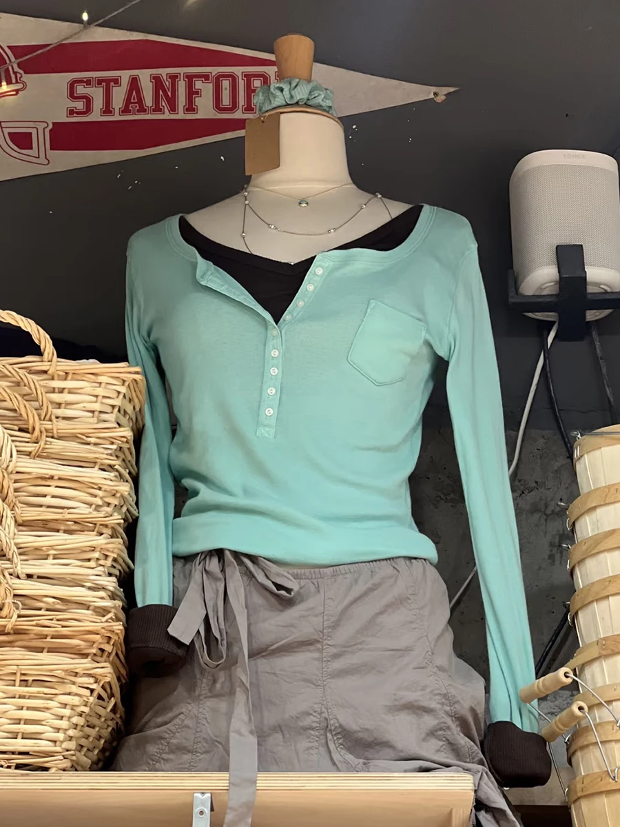 Mint Green Nine Buttons Long Sleeve T-shirt Women Autumn Basic Slim Round Neck Pocket Cotton Tees Vintage Sweet Cute Tshirts Y2K