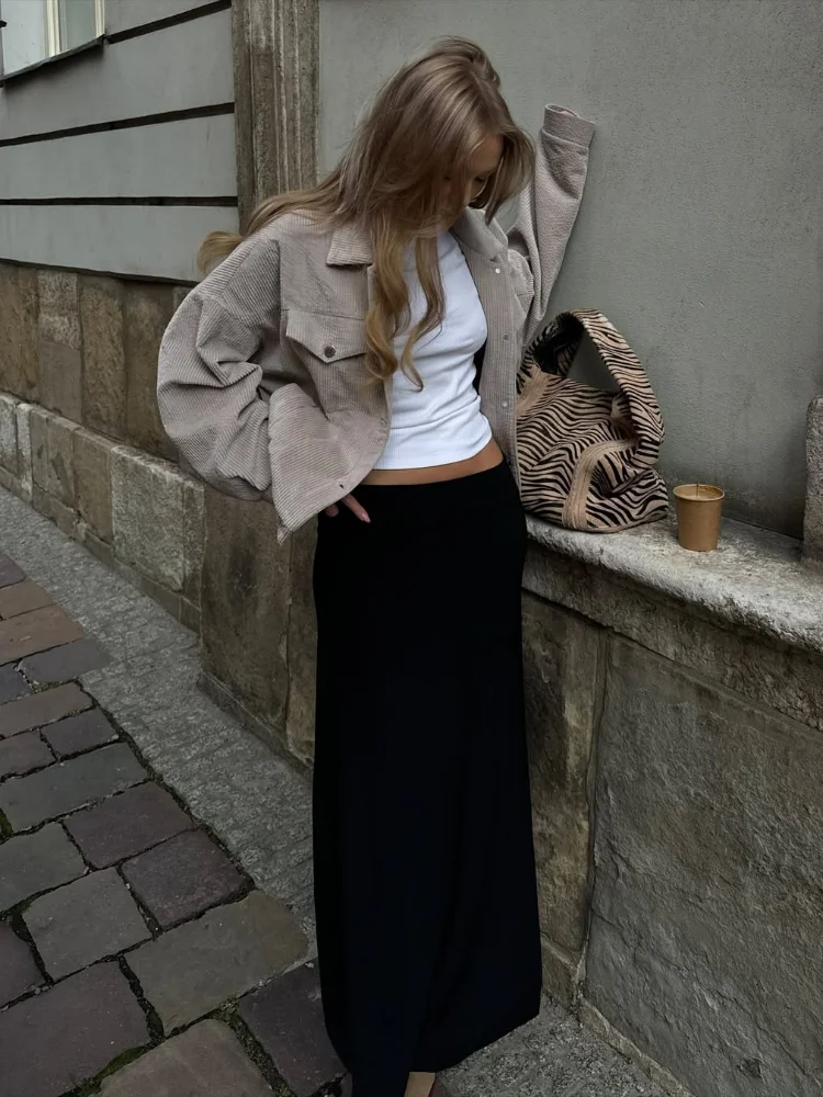 

Solid women's Lapel Short Coat Fashion Long Sleeve Single-breasted Fake Pocket Coat 2025 Autumn New High Street Loose Outerwear