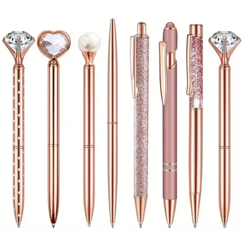 

Набор из 8 ручек-шариковых ручек цвета розового золота с кристаллами, школьные принадлежности, стильные металлические ручки, подарок, маркеры для письма