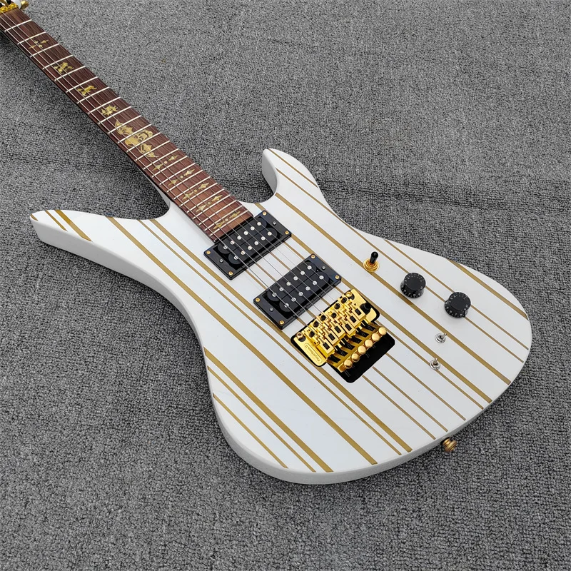 

White Strips Horn Design Gold Accents Alien 6 String Electric Guitar Unique Shape for Guitarists