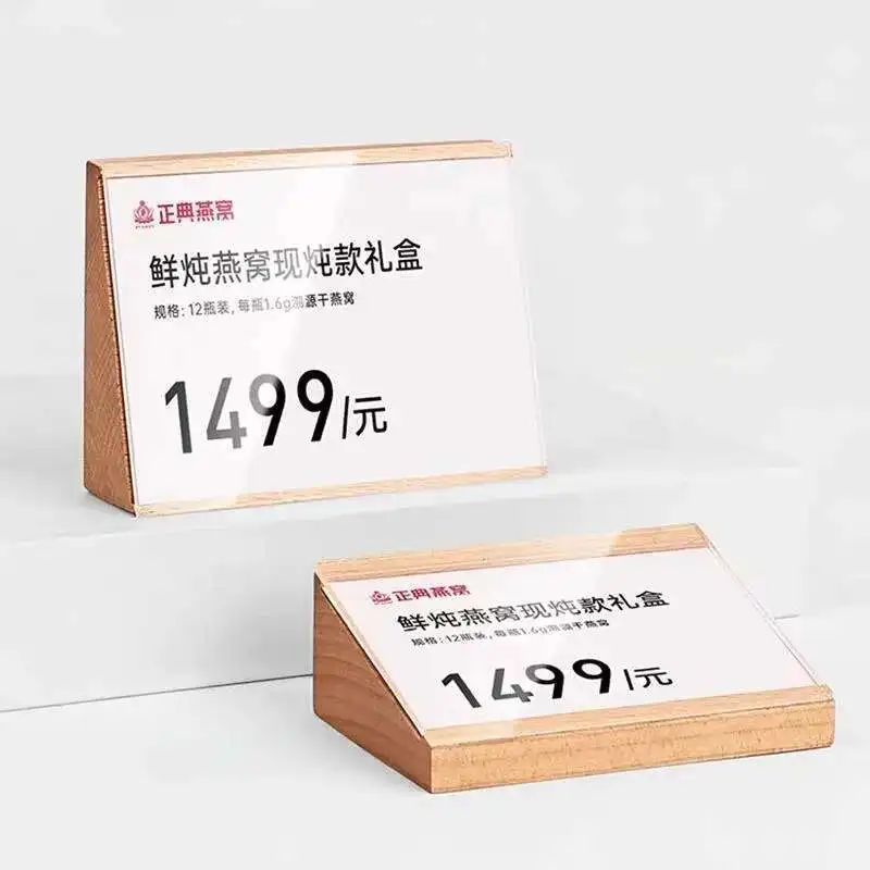 Slant Wood Price Label Paper Tags Table Number Menu Paper Name Card Holder Acrylic Sign Holder Display Stand 90x55mm