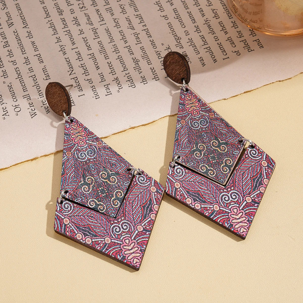 Bohemian Purple Pink Print Wooden Dangle Earrings Ethnic Style Striped Leaf Splicing Pendant Earrings Retro Jewelry Gifts K