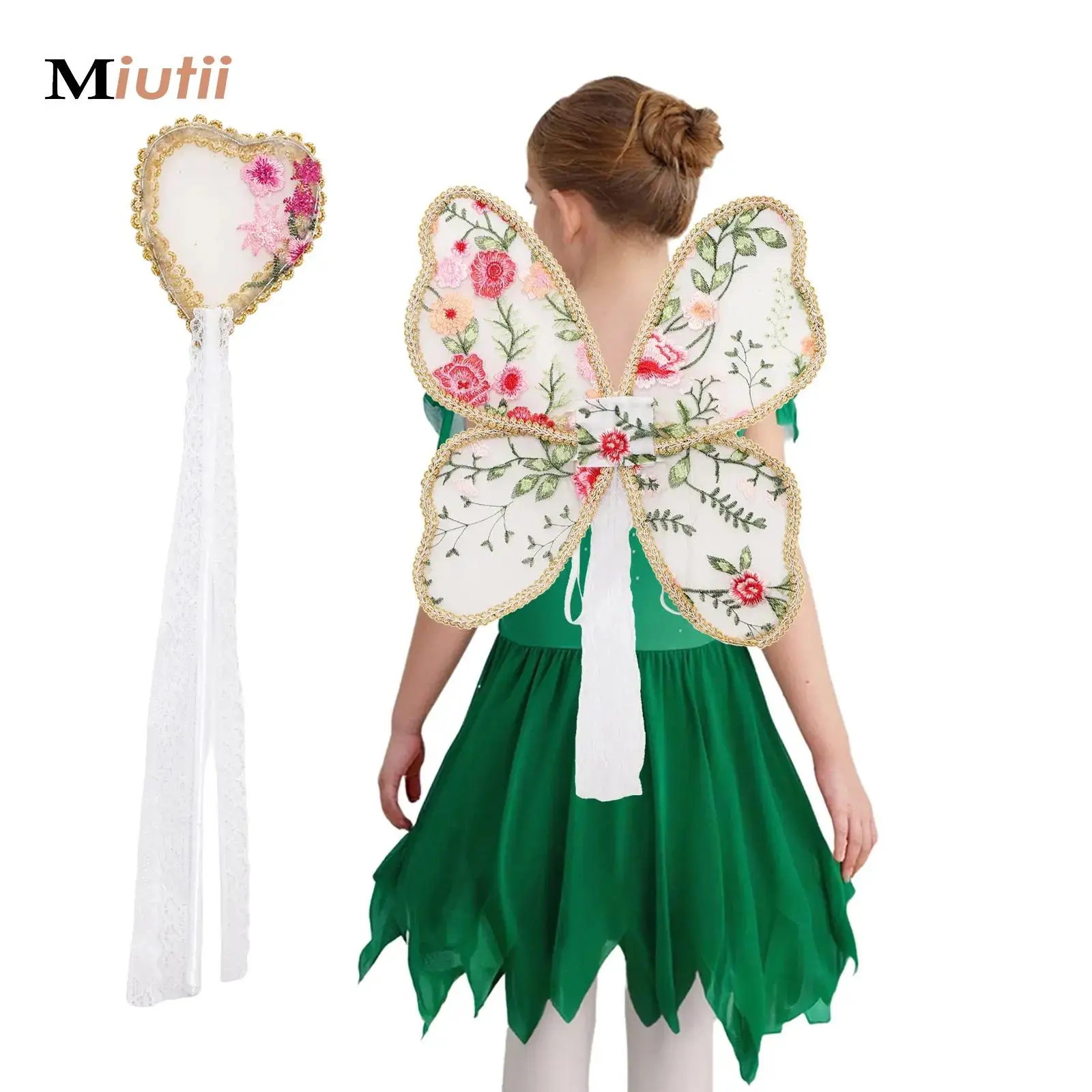 Women Girls Lace Angel Wing & Wand Exquisite Butterfly Flower Embroidered Wings Costume Accessory for Birthday Party Photoshoots