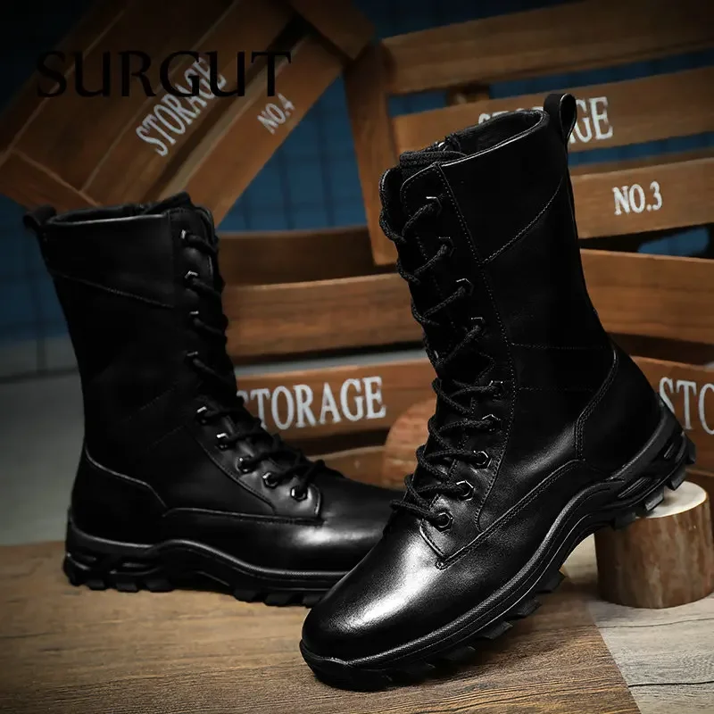 SURGUT High Top Style Snow Boots Men Warm Men Lace Up Tactical Boots Brand Fashion Winter Ankle Boots Leather Outdoor Footwear