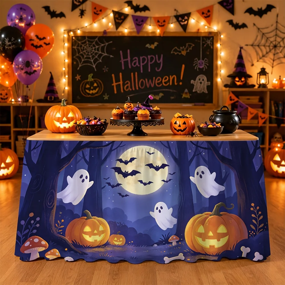 One Halloween-themed tablecloth with pumpkin and bat prints, suitable for party events