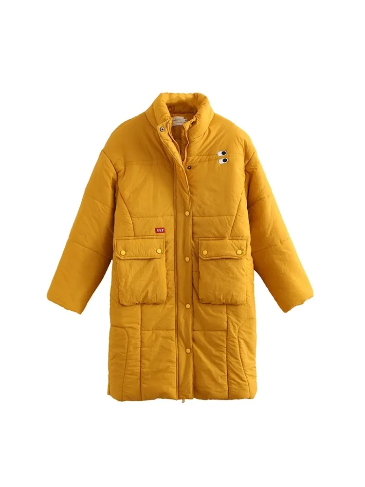 

Long Parkas Jacket For Women Yellow Solid Cartoon Embridery Pocket Coat 2020 Winter Sleeve Single-breasted Warm Outwear