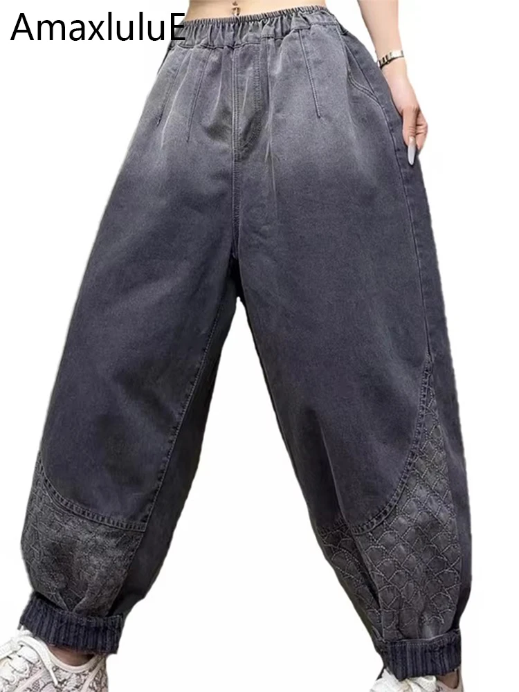 

Amax luluE Korean Design Clothes Women Loose Vintage Denim Pants Autumn Ladies Casual Classic Jeans Elastic Waist Harem Trousers