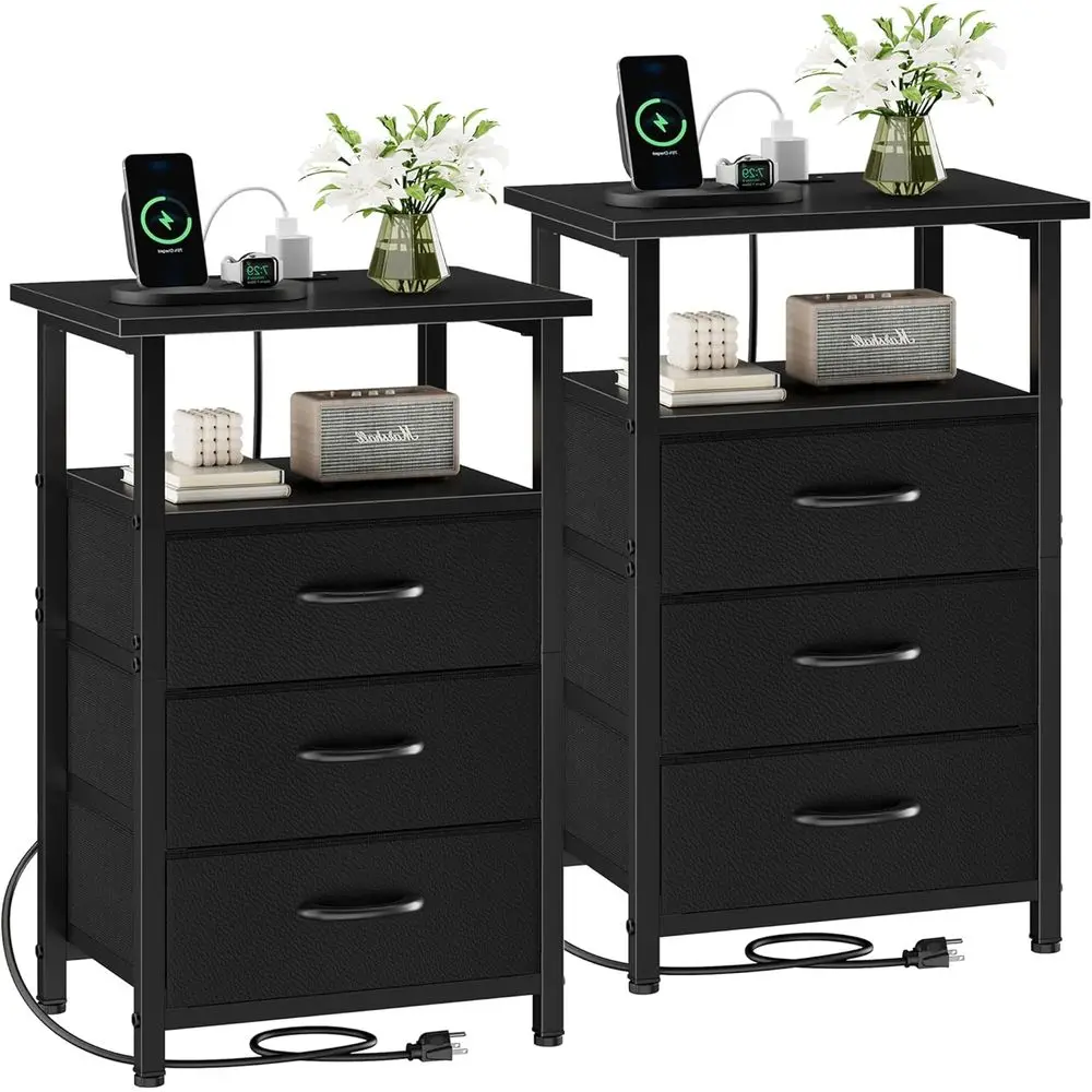 

Dual-Function Nightstand with Charging Station, USB Ports, Outlet, and Fabric Drawers for Bedroom Storage