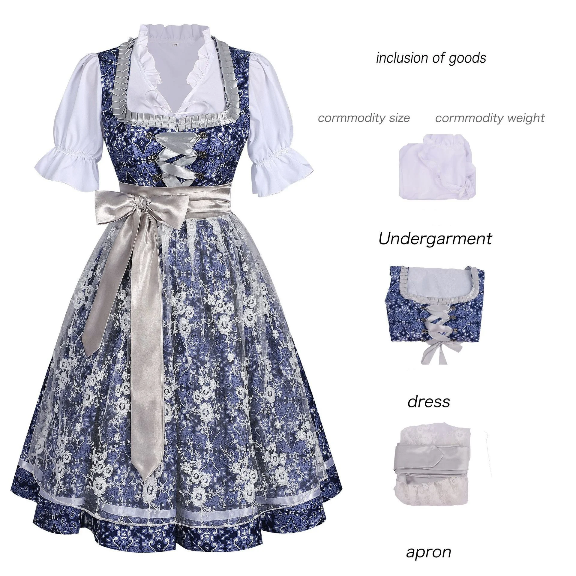 Damen Blaues Blumenmuster Bayerisches Trachtenkleid, München Bierfest Kostüm, Halloween Party Verkleidung