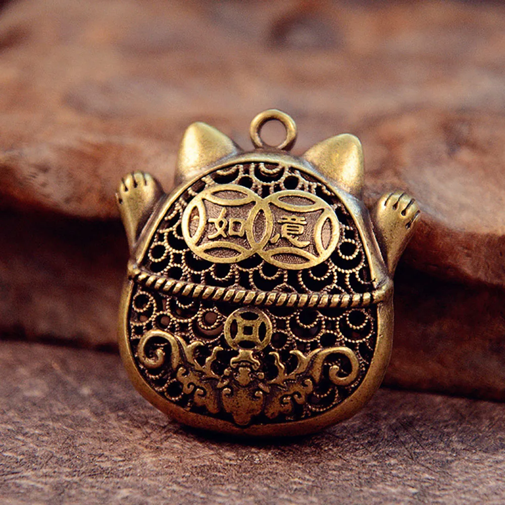 Glücksbringer Katzen-Schlüsselanhänger aus Messing, Feng Shui Zhaocai Reichtumsbringer, DIY Retro Hängeornamente – Detail 3