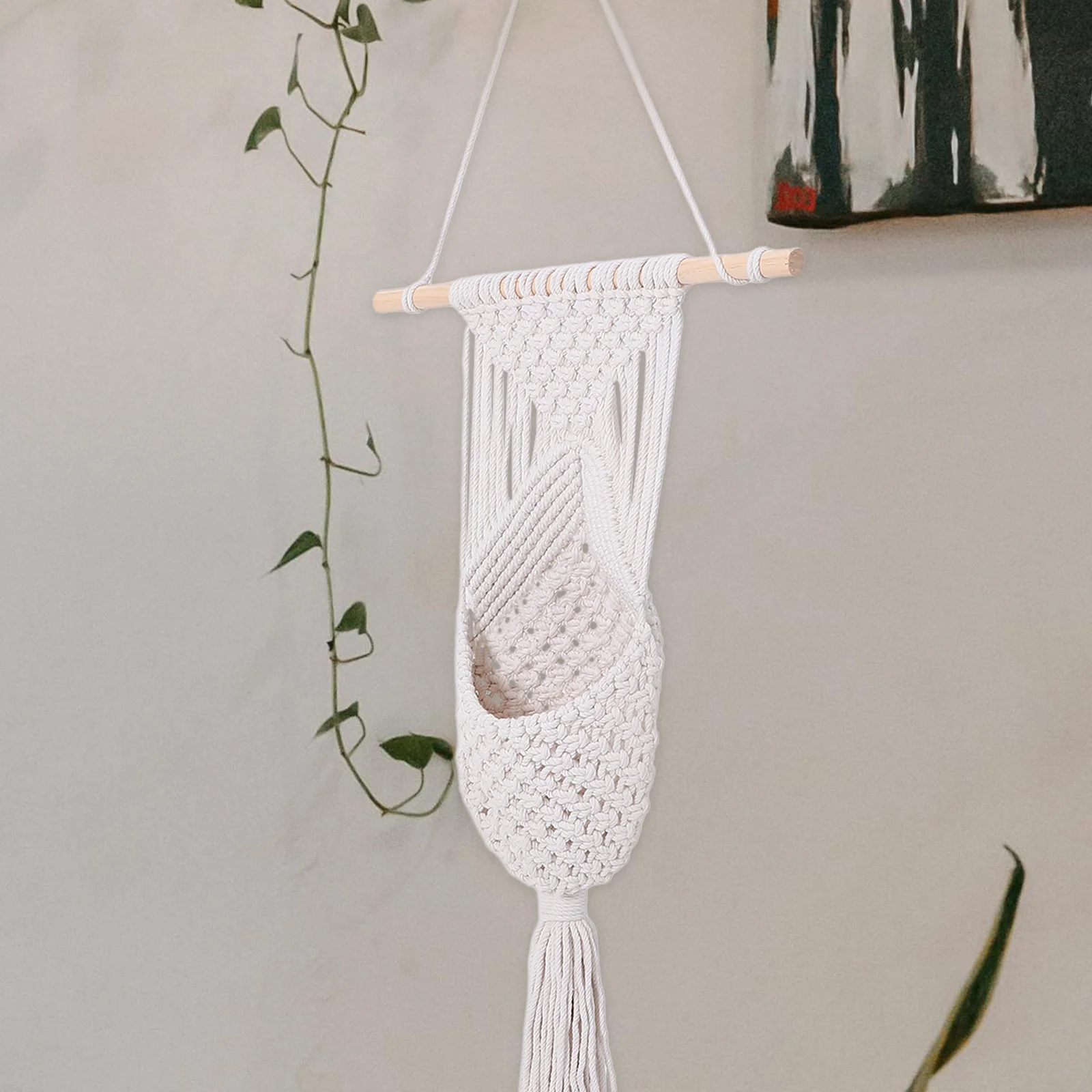 

Bohemia Hanging Fruit Basket Woven Cotton Rope Wood Wall Mounted Vegetable Storage Basket for Kitchen Living Room Decor