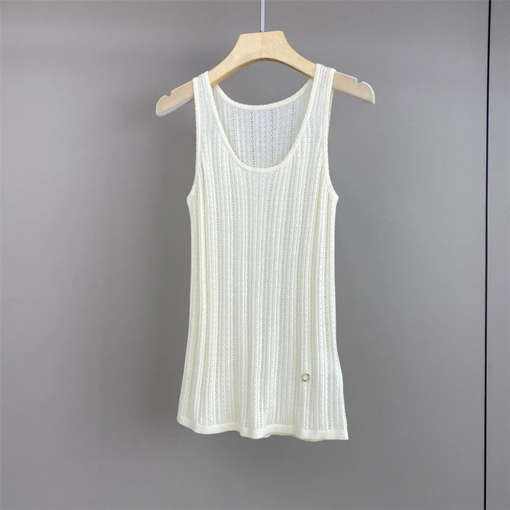 Summer Women\'s U-Neck Knit Vest Wool Silk Hollow Jacquard Sleeveless Tank Tops Female Casual Clothing L*P New