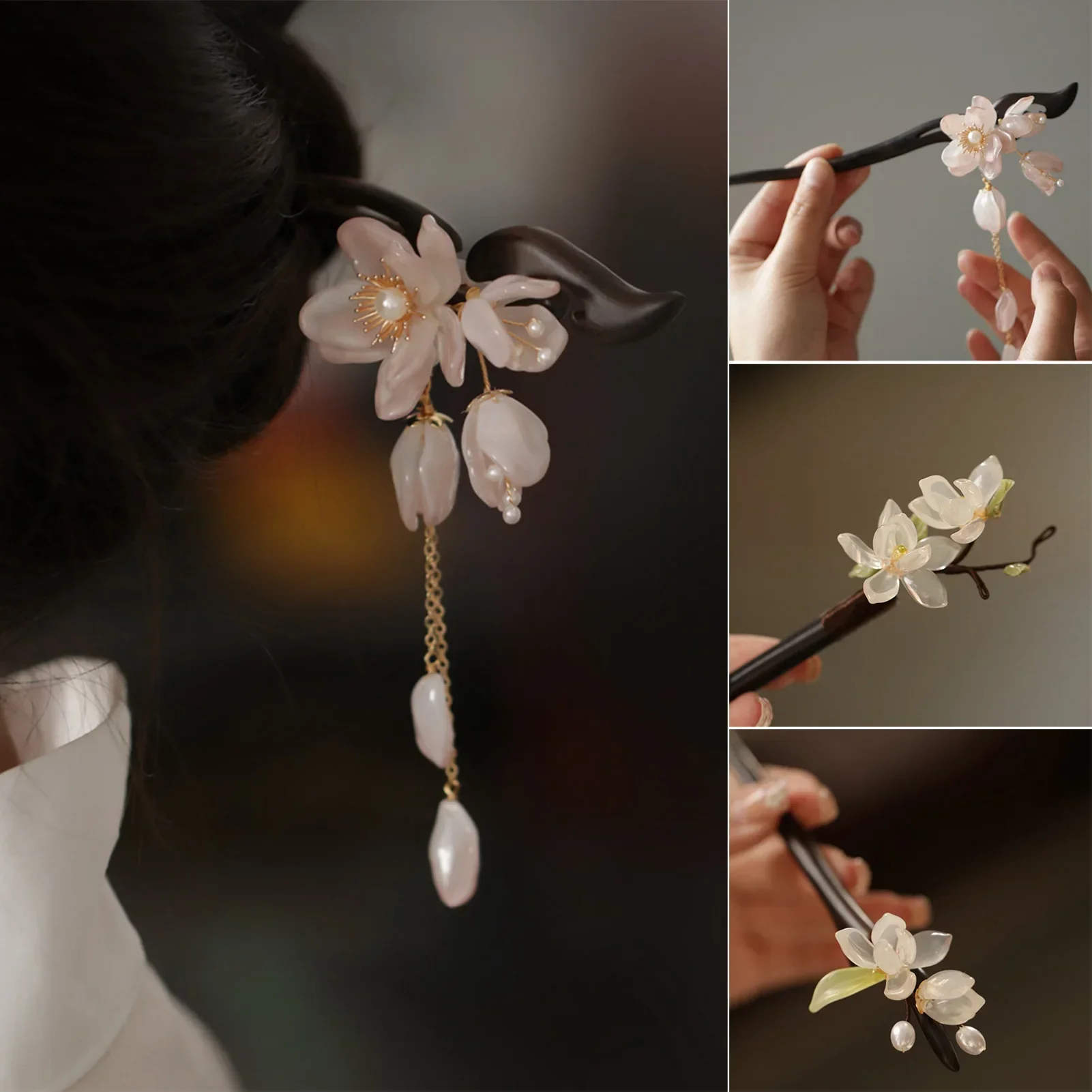 

Ancient Style Magnolia Hairpin Artificial Transparent Glass Flower Tassel Hair Stick Wooden Simple Updo Hairpin New Year Gifts
