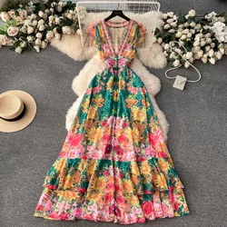 Women Midi Floral Chiffon Dress Summer Holiday Ruffles Chic Flower Print Pleated Loose Clothing 2024 Print Buttons Robe Vestidos