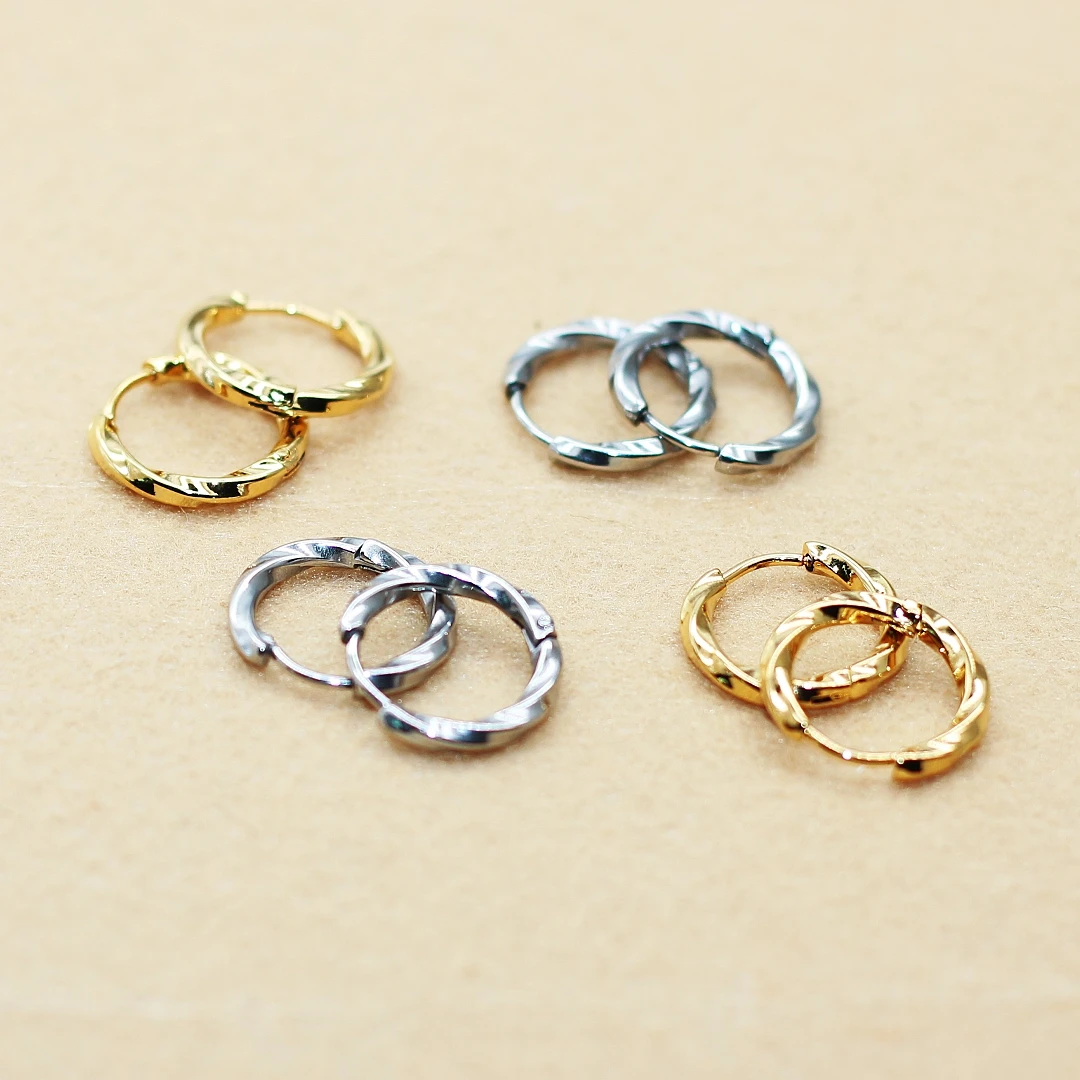 Gold-Color IP Plating 316 Stainless Steel Twist Curve 12mm Line 2mm Hoop Earrings No Fade Allergy Free Brief Style