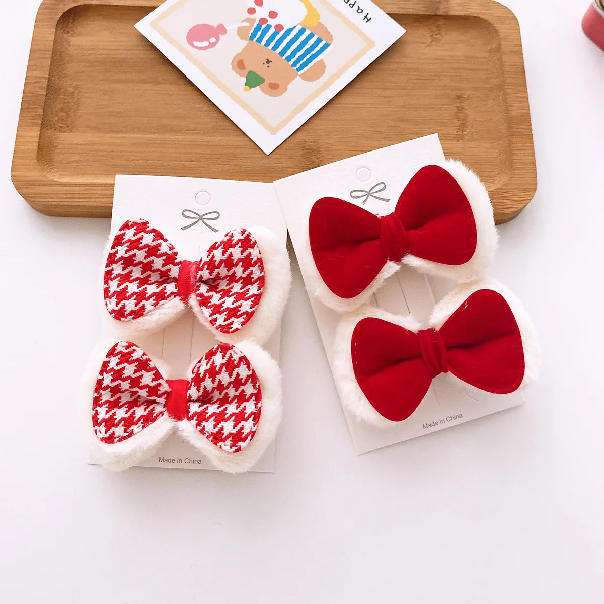 2pc Cute Red color Baby Velvet Bow Hair Clips Cotton Plaid Bow Hairpins Kid Christmas Barrettes Girls Christmas Xmas Headwear